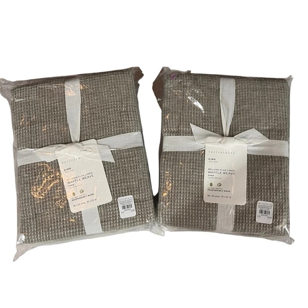 Pottery Barn NEW Set of Two Belgian Flax Linen Waffle Weave Pillow Shams King